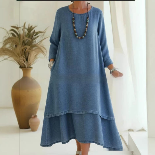 Elegant Double-layered Hemline Faux Denim Maxi Skirt