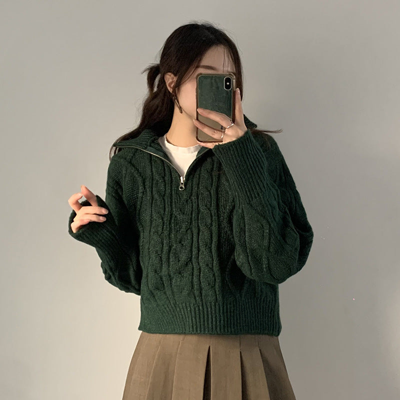 Korean-style Half-turtleneck Twist Twisted Half-zip Collar Knitted Top