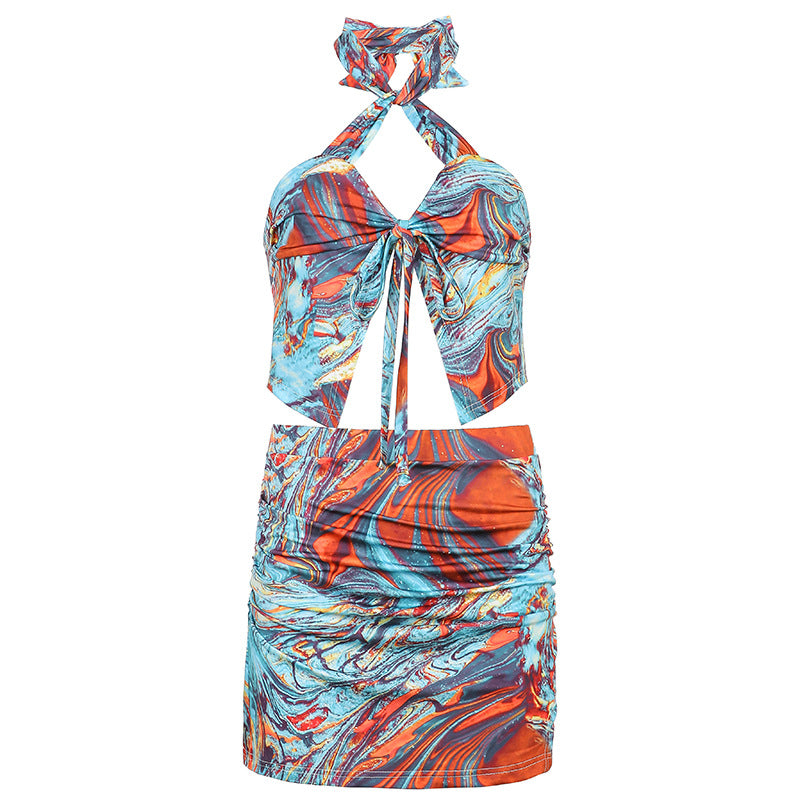 Fashion Printed Strap Neck Hanging Set Skirt