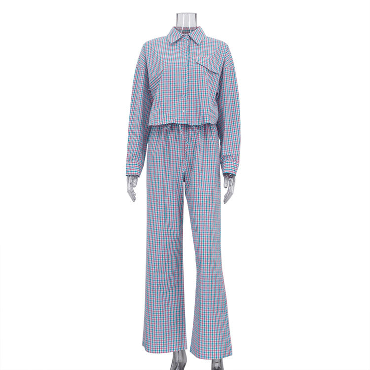 Plaid Lapel Long-sleeve Shirt And Loose-fitting Trousers Set
