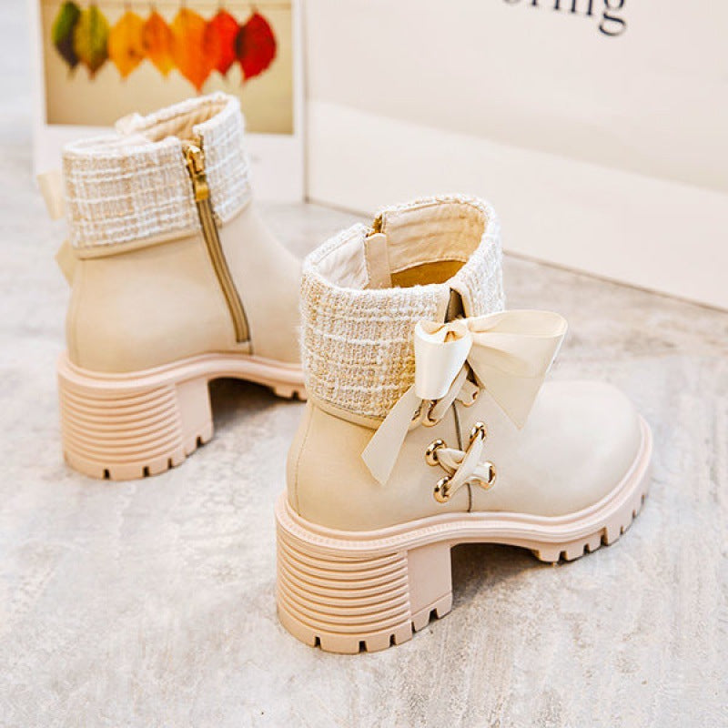 Soft Leather Spring And Autumn Bow Thick Heel Short Female Martin Boots