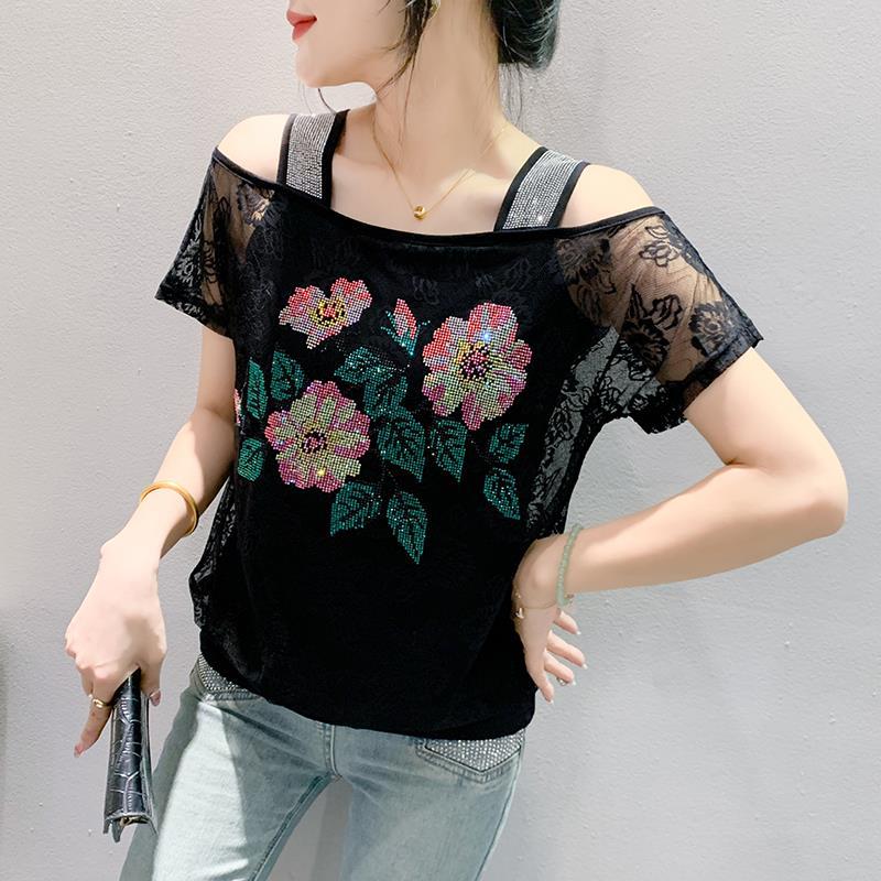Lace Off-the-shoulder Rhinestone Top