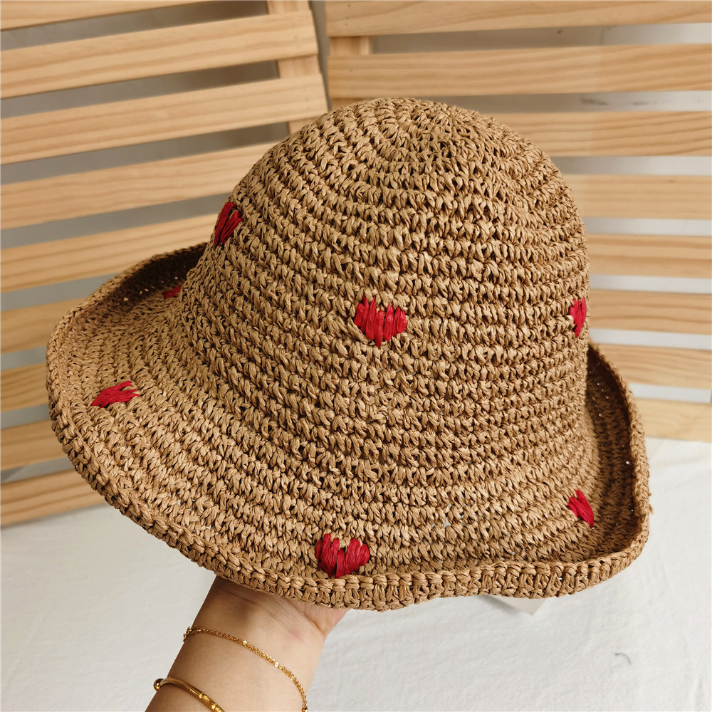 Women's Red Little Heart Braided Sunshade Straw Hat