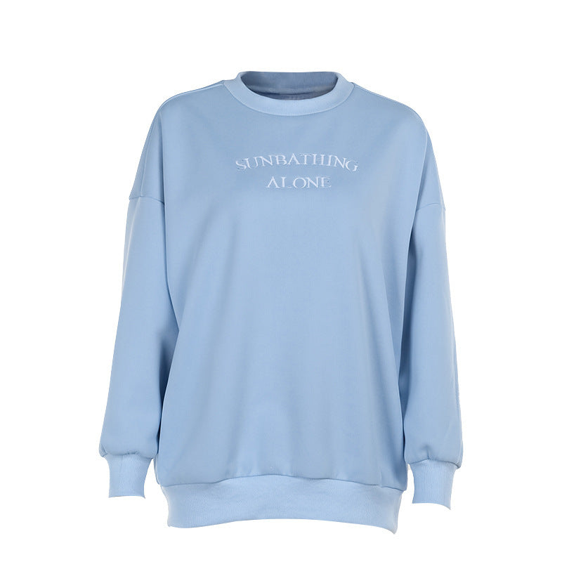 Pure Color All-matching Embroidered Pullover Brushed Loose Sweatshirt