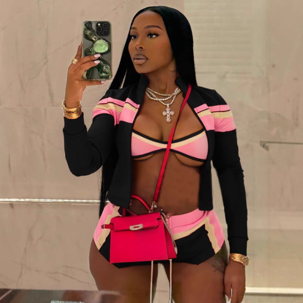 Women's Color Contrast Patchwork Long Sleeve Tied Hot Pants Three-piece Suit