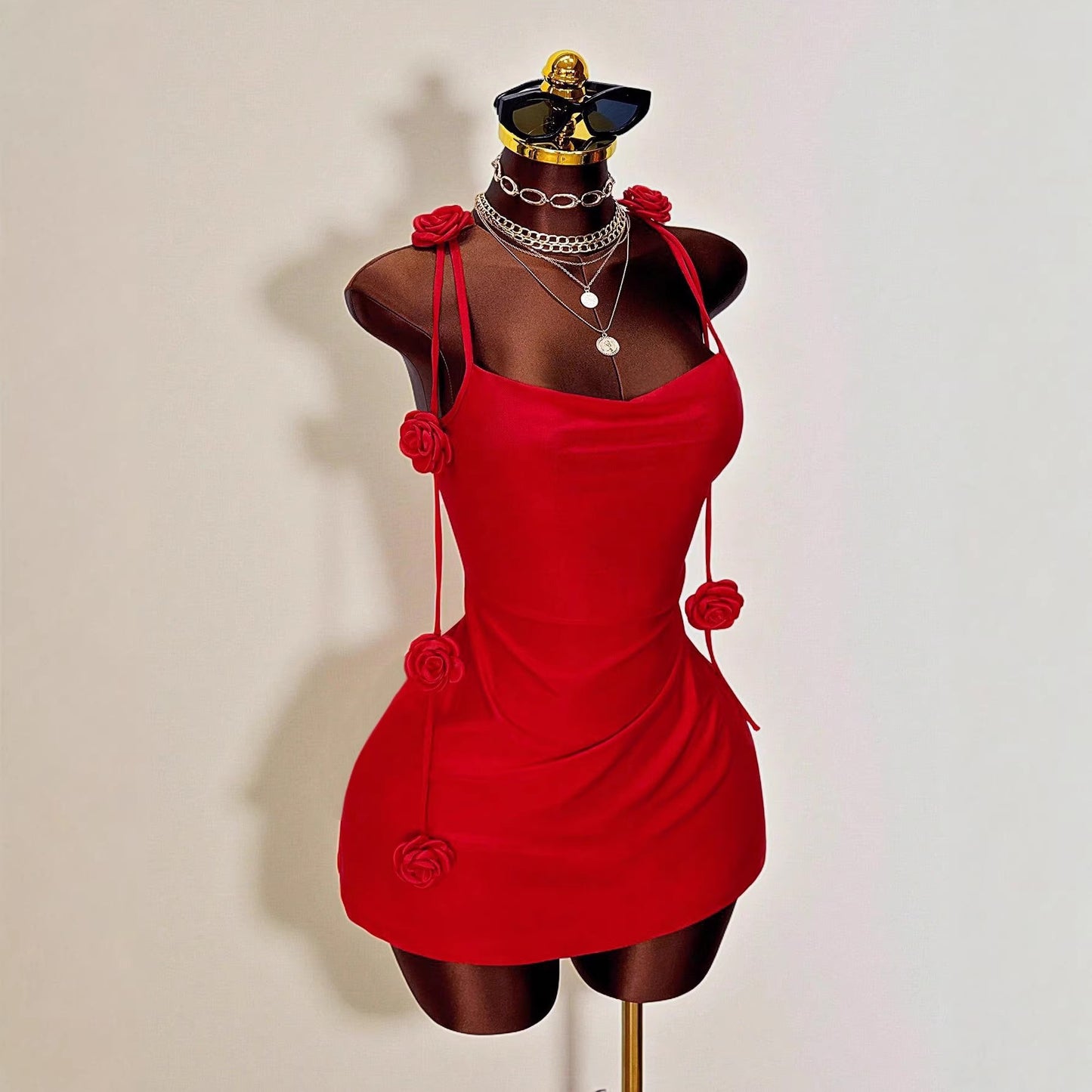 3D Floral-decorated Slip Dress With A Cinched Waist For A Slimming Fit