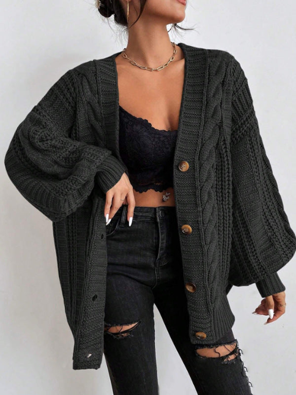 V-hals Sweater Dame Retro Fashion Løs Twist Strikket Jakke