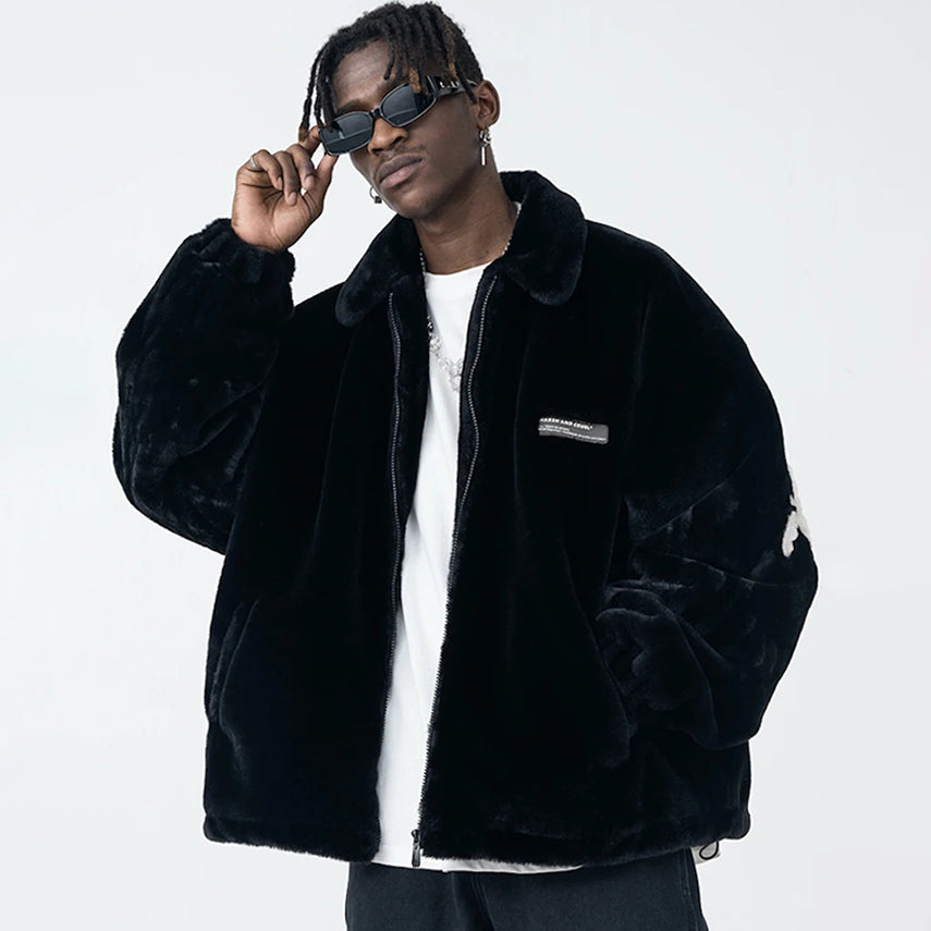 Cotton Thickened Black Loose Solid Color Zip Casual Jacket