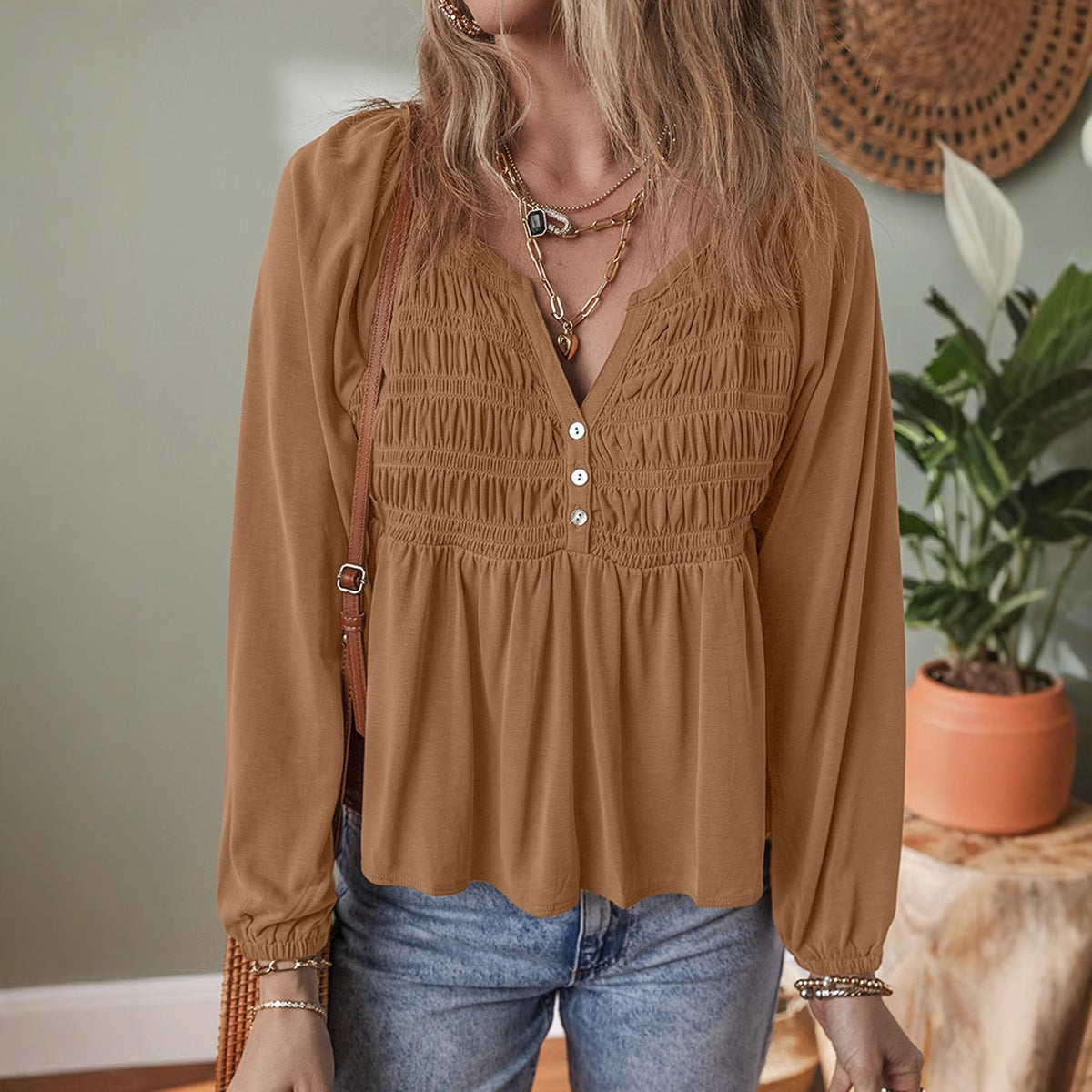 Dame Alsidig Lotusblad Ensfarvet Pullover V-hals Chiffon Skjorte