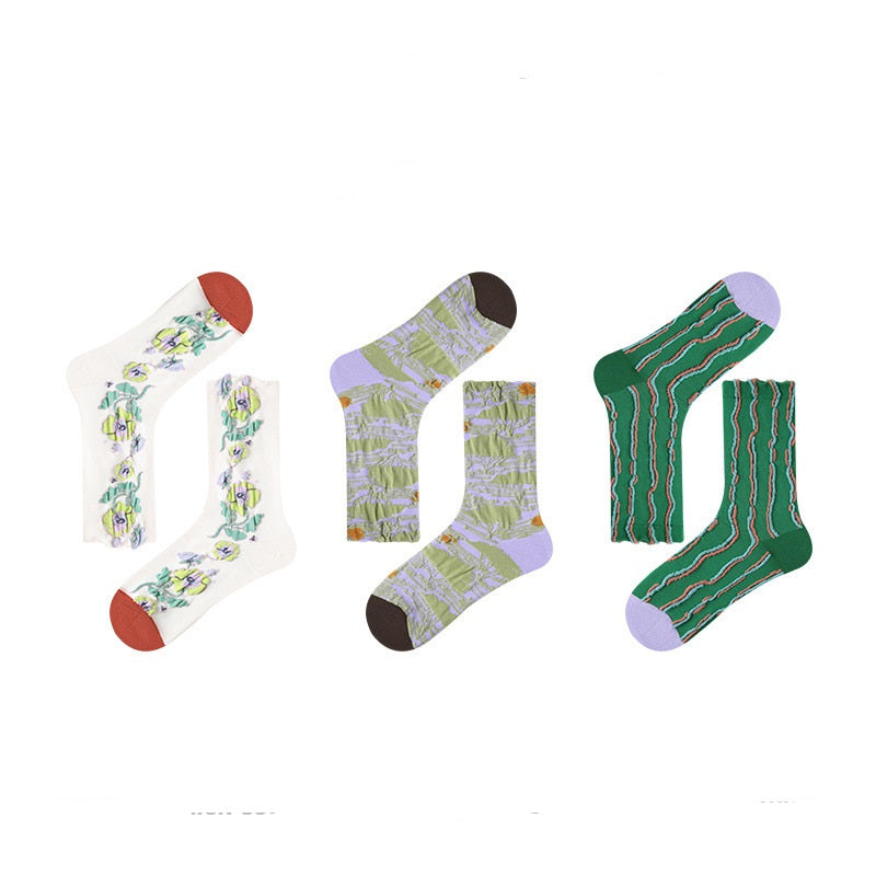 Artistic Flower Relief Middle Tube Cotton Socks Children