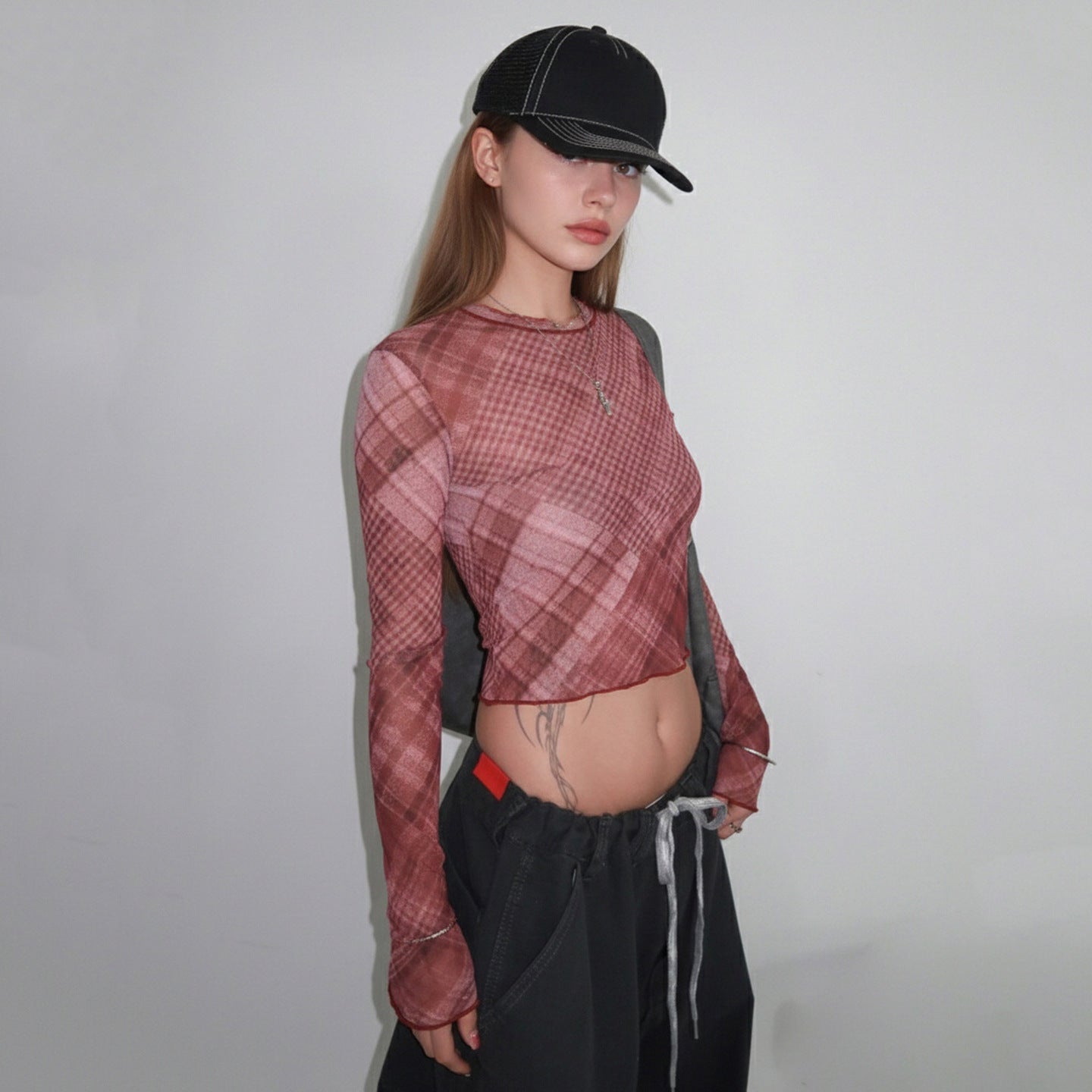 Contrast Color Check Mesh Outerwear Lightweight See-through Sexy Top