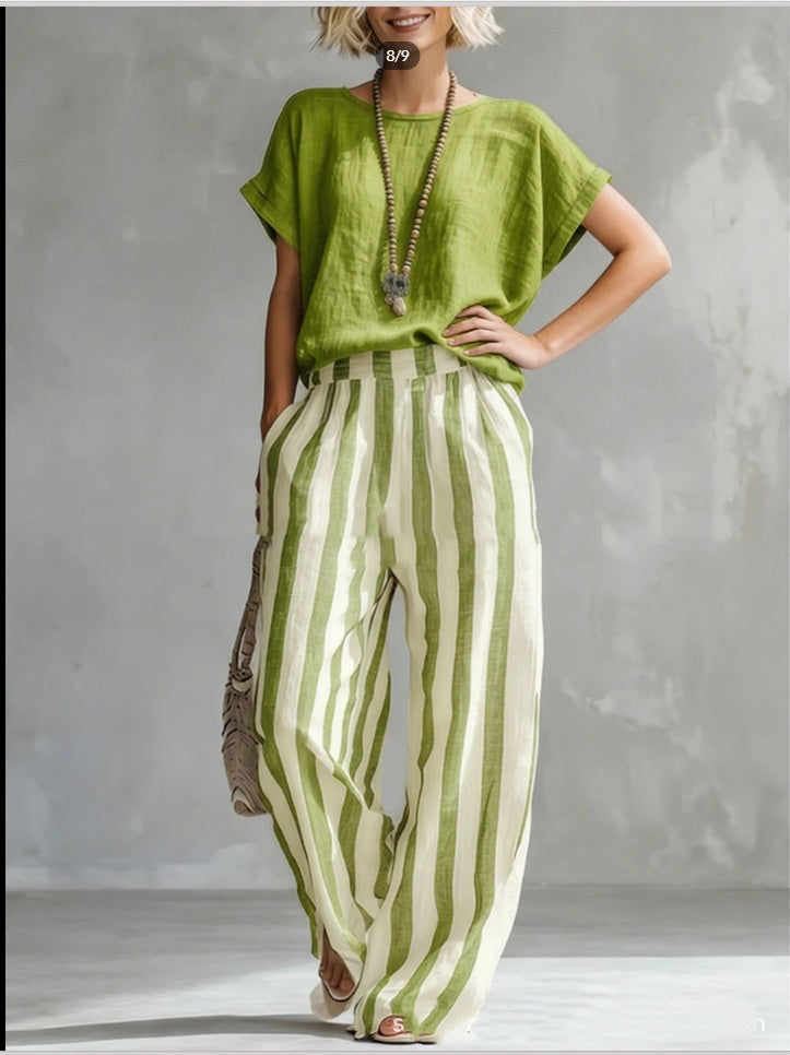 Women's Striped Cotton-Linen Two-Piece Set
