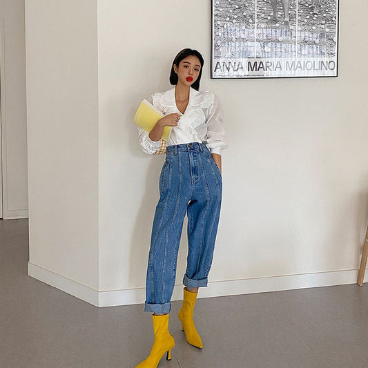Letter Small Label Stitching Line Retro Straight High-rise Jeans