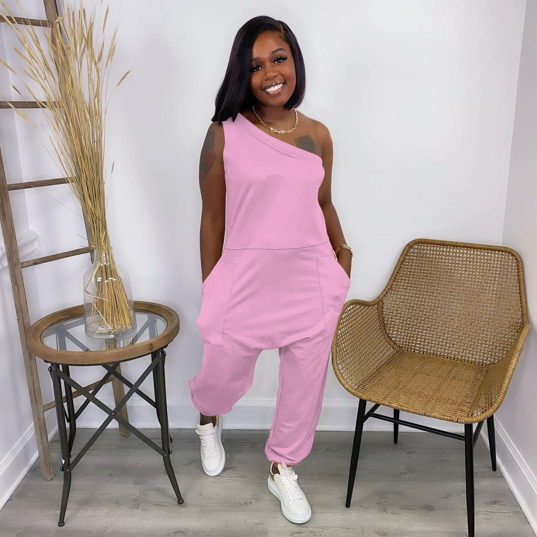 Women's Loose Street Sloping-shoulder Off The-shoulder Pocket Long Sports Jumpsuit