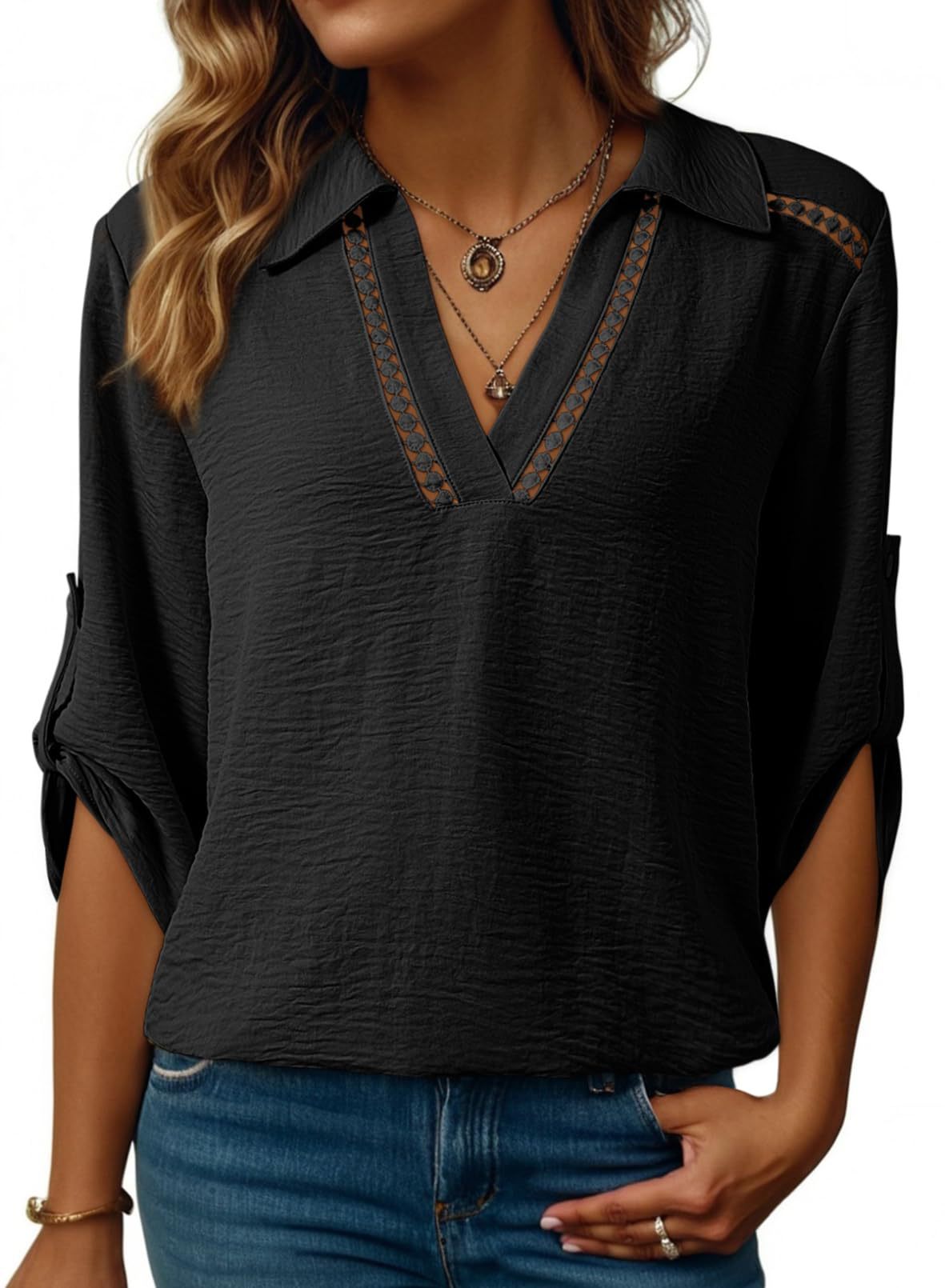 Stylish Casual Solid-color Hollow-out V-neck Versatile Top For Women