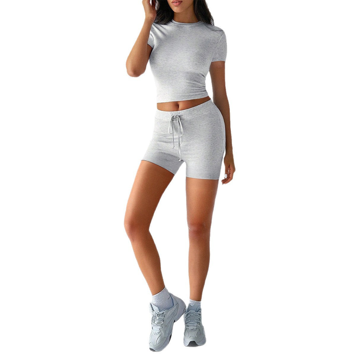 Yoga Active Wear Solid-Color Short-Sleeve Drawstring Shorts Set