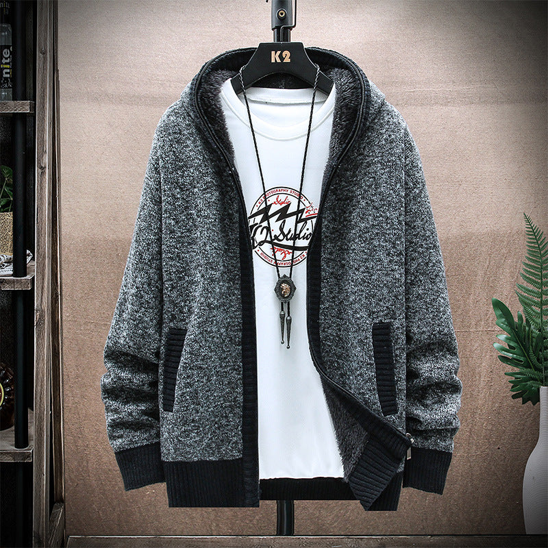 New Men's Hooded Plus Fleece Sweater Coat Youth Casual Solid Color Cardigan Knitted Sweater