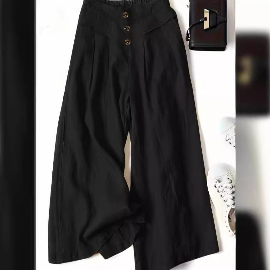 Women's Cotton And Linen Wide-leg Pants Draping Loose Half Elastic High Waist Slimming