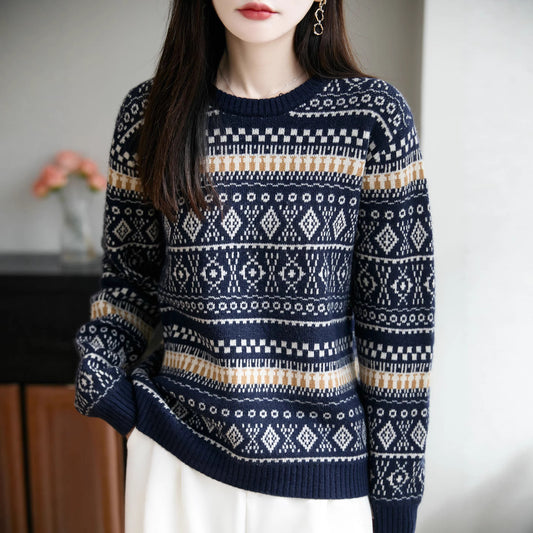 Retro Jacquard Crew-Neck Pullover Fair Isle Thickened Sweater