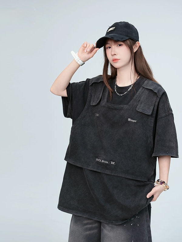 American Washed Distressed Design Fake Two-piece Structure Embroidery Short Sleeve
