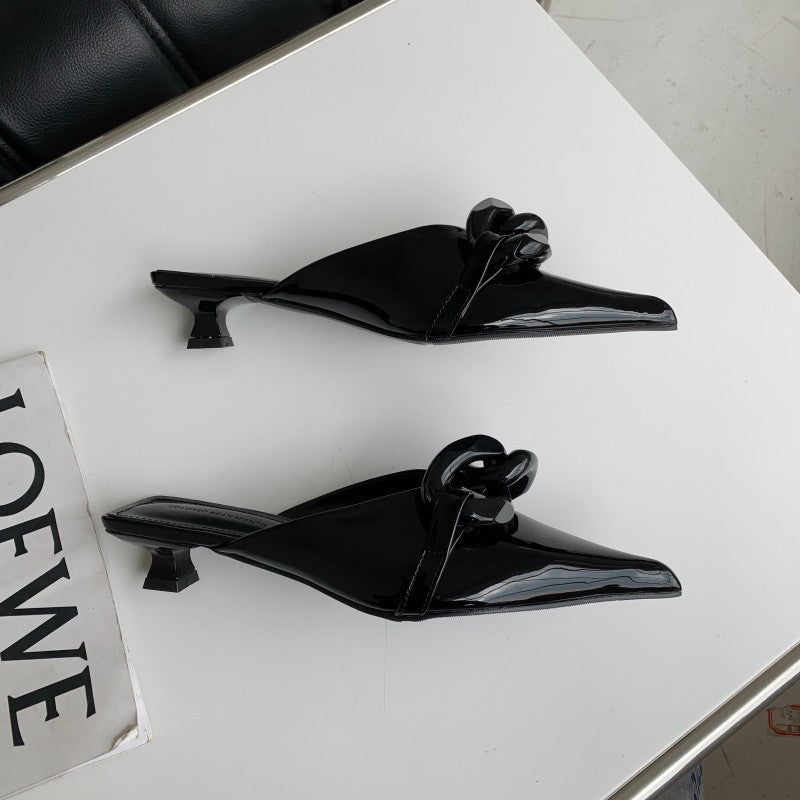 Fashion Candy Color Chain Pointed Toe Low Heel Baotou Half Slippers Women