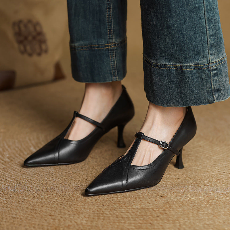 Korean Style T-buckle Strap Stiletto Heel Shoes For Four Seasons