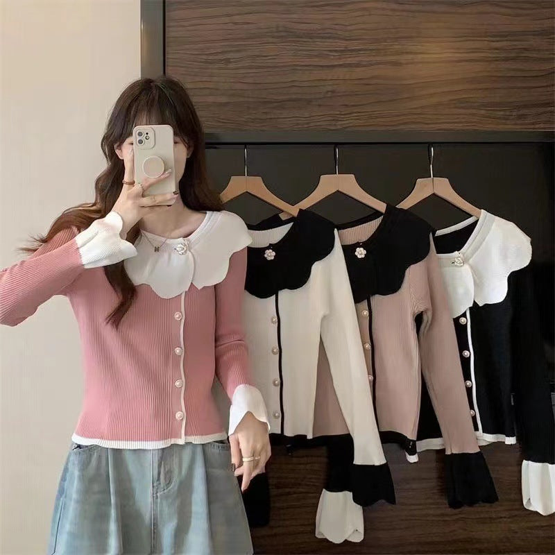 Women's French Style Temperament Contrast Color Lace Collar Sweater