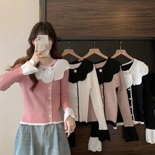 Women's French Style Temperament Contrast Color Lace Collar Sweater