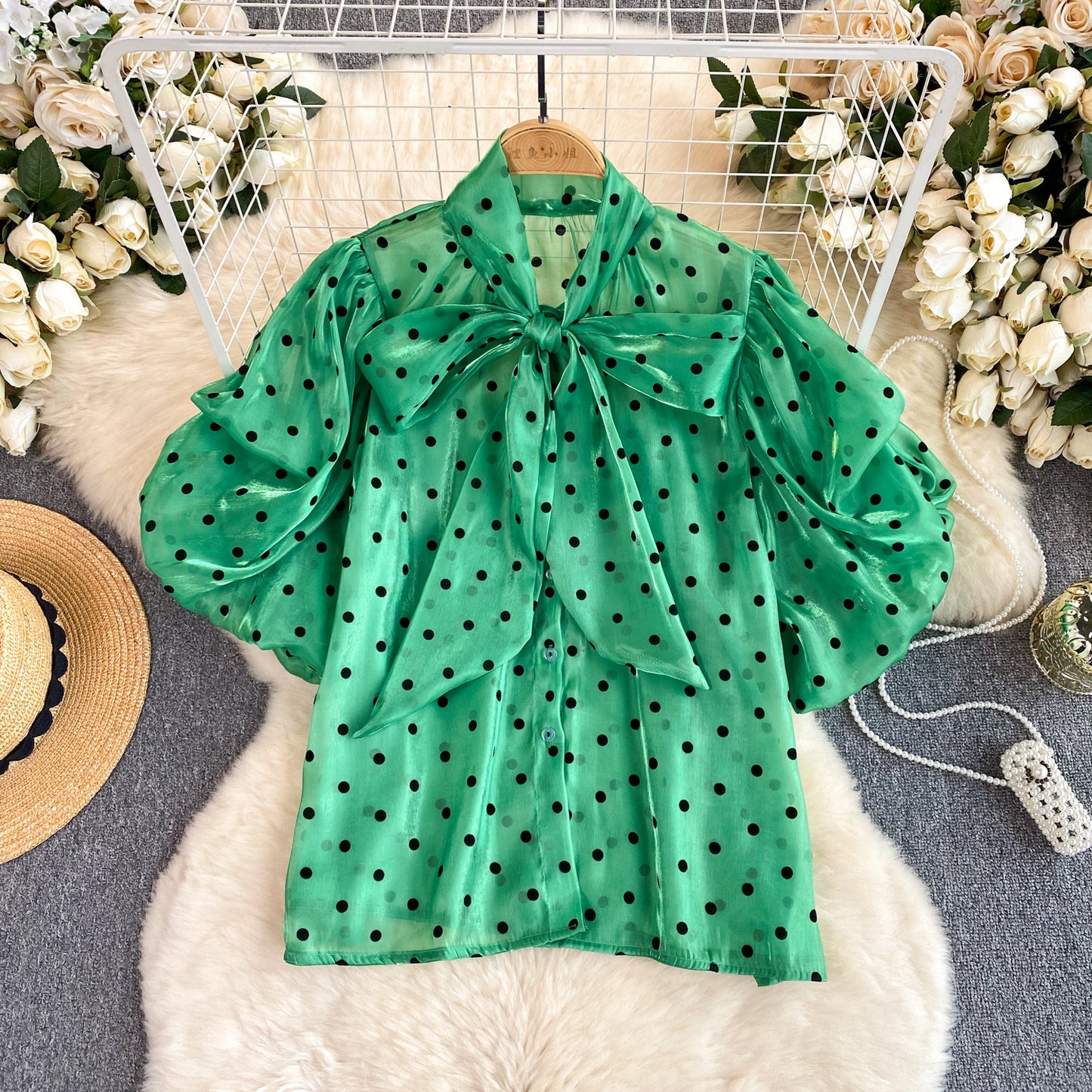 French Style Retro Dots Shirt Female Sweet Bow Collar