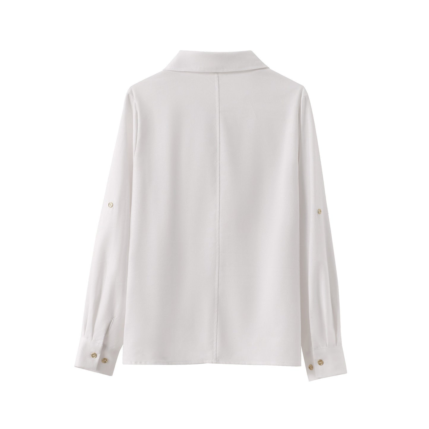 White V-neck Roll-up Sleeve Linen Blend Shirt