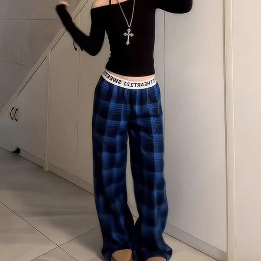 Womens Fashionable Retro Plaid Wide-Leg Pants