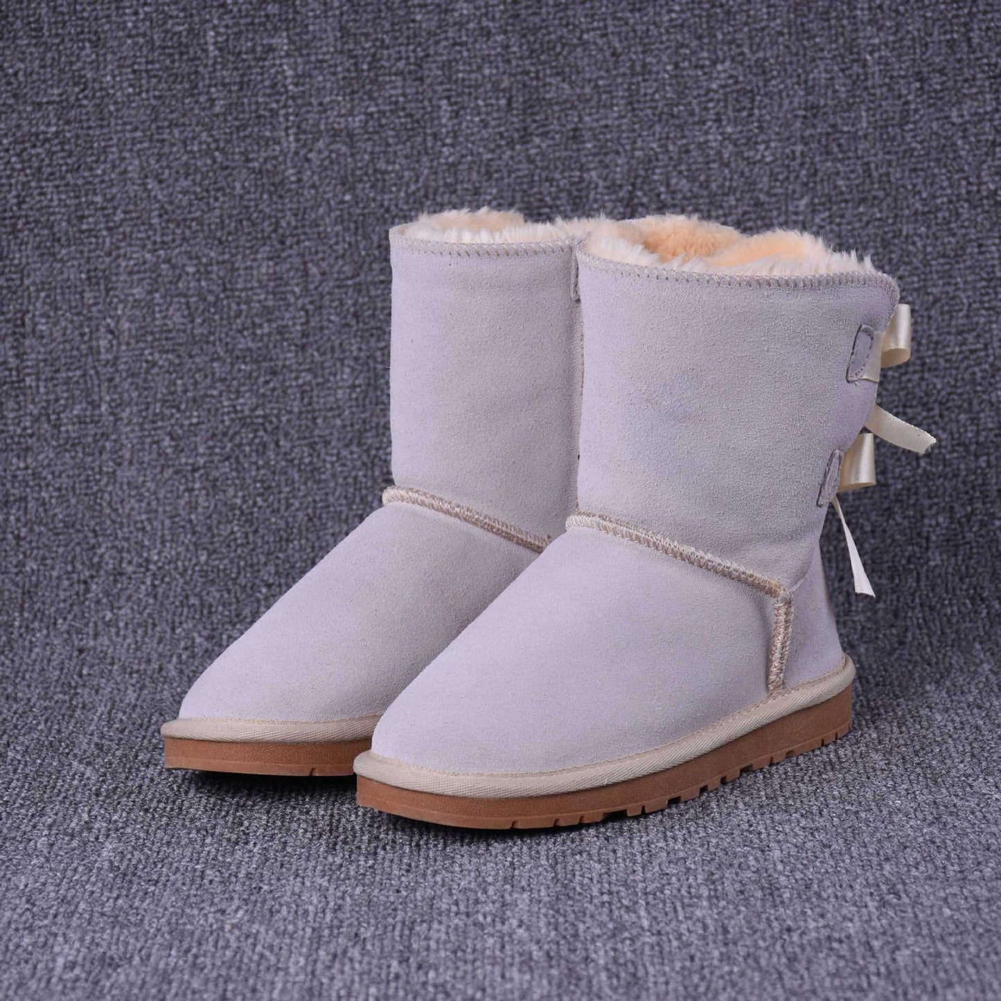 Women's Solid Color Bow Mid-tube Snow Boots