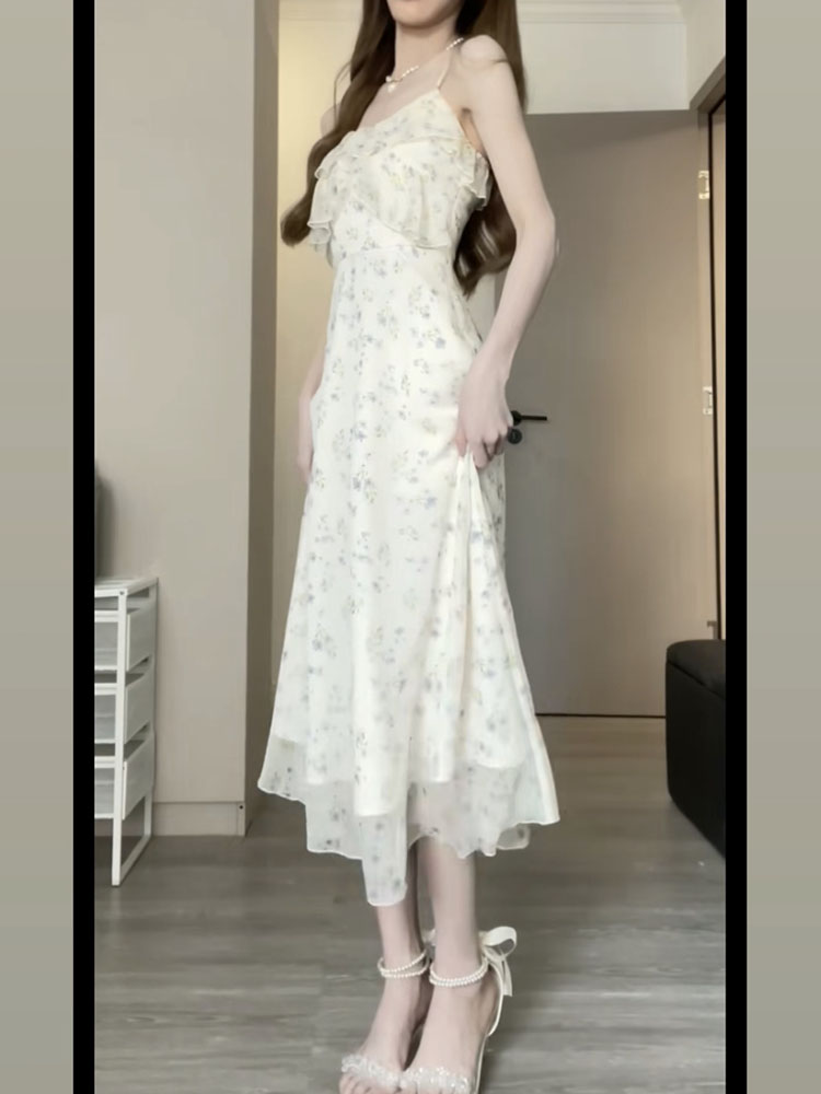 White Chiffon Flower Strap Dress