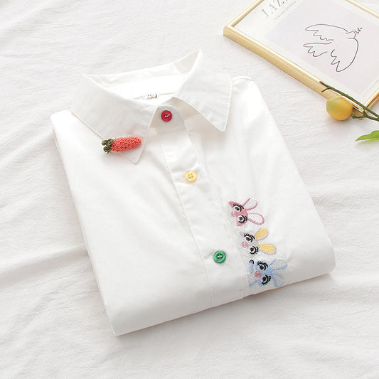 Women's Embroidered Rabbit Radish Shirt With Placket