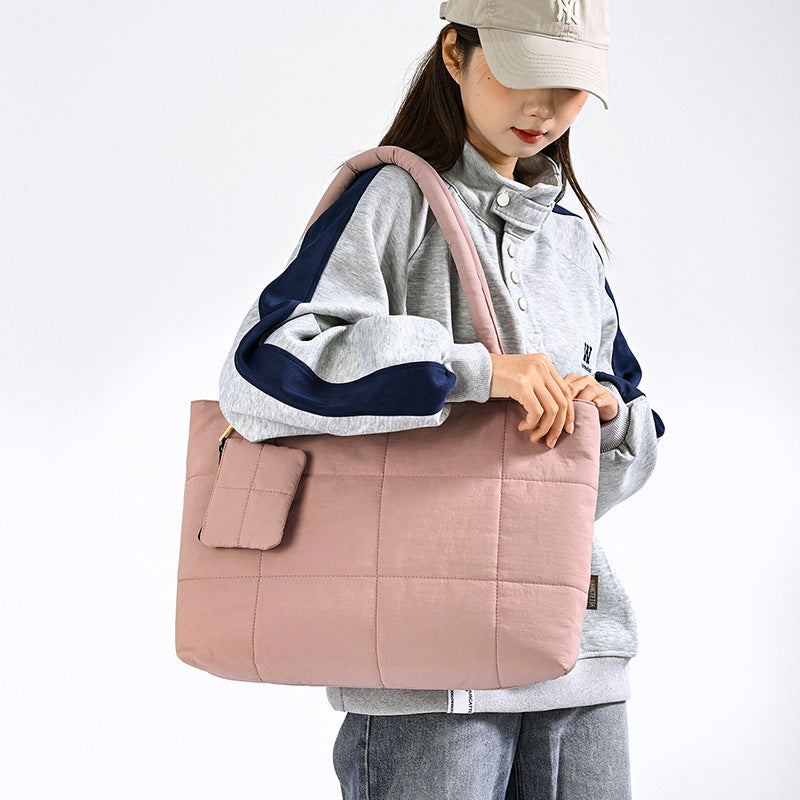 Womens Solid-Color Versatile Plaid Tote Bag