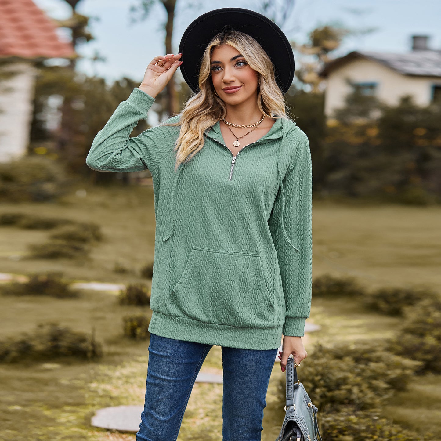 Dame Solid Color Hættetrøje med Lynlås Løs Langærmet Sweatshirt