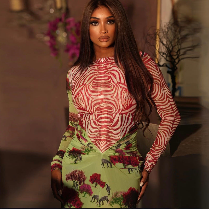 Womens Cinched Printed Patchwork Bodycon Skirt With A Round Neck And Long Sleeves Dress