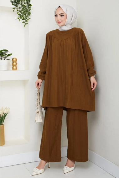 Solid-color Casual Loose-fitting Crew-neck Long-sleeve Wide-leg Pants Set
