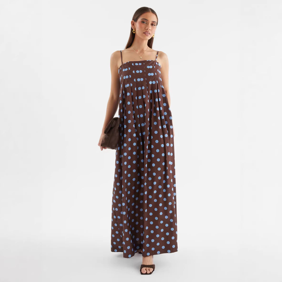 Summer Polka Dot Printed Pleated Sweet Strap Mid Length Dress