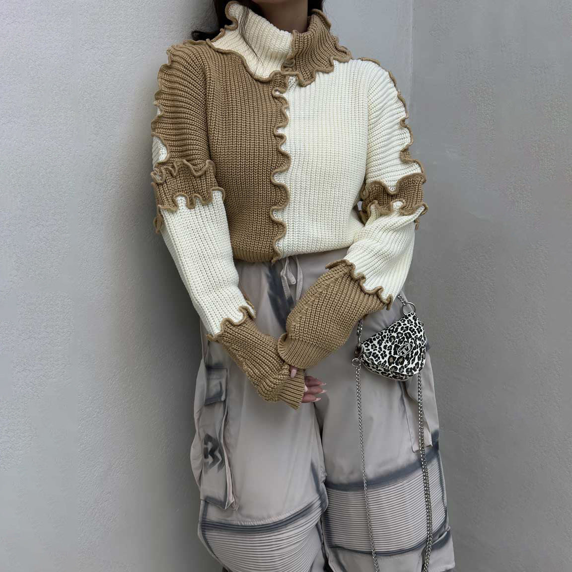 Fashionable Stringy Selvedge Large Color Block Contrast Color Sweater