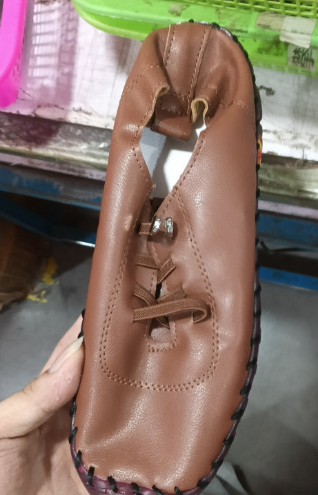 Handmade Stitching PU Leather Mom Shoes Casual Shoes Wear-resistant Flat Pumps