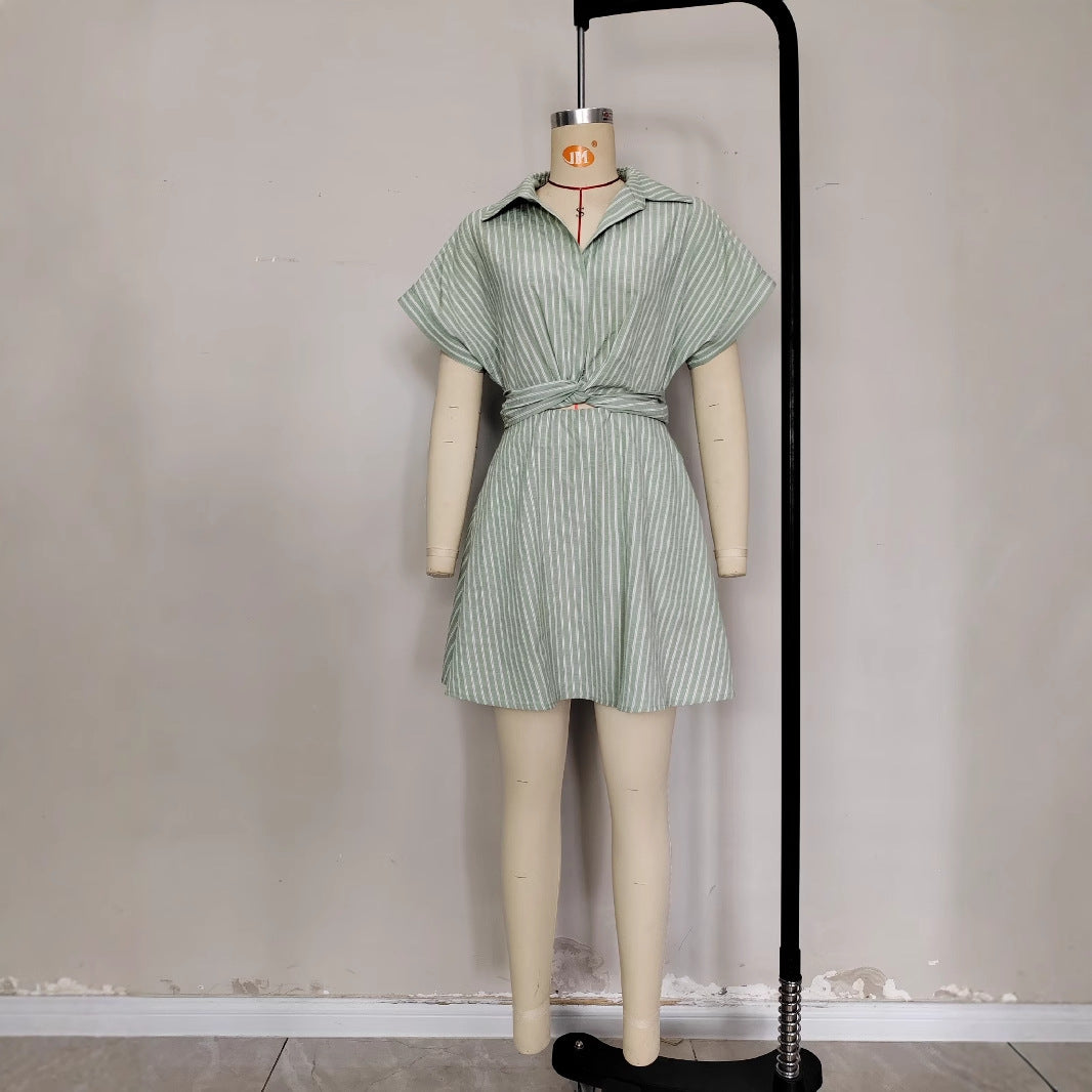 Striped Lace-Up Lapel Casual Short-Sleeve Dress
