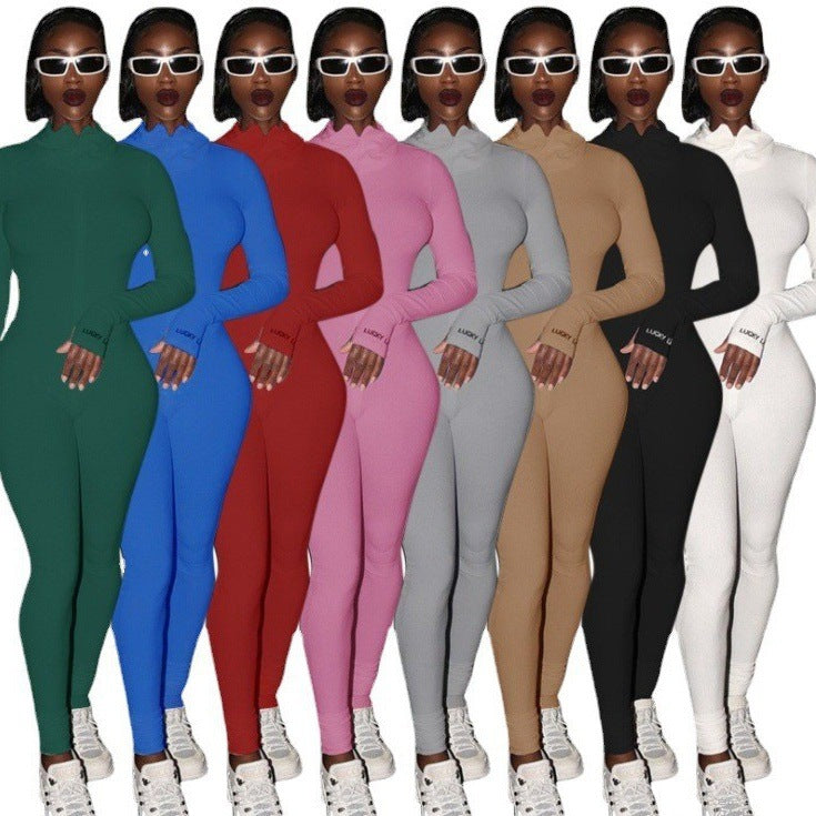 Dame lynlås stretch rullekrave og broderet slim fit fitness jumpsuit yogasæt
