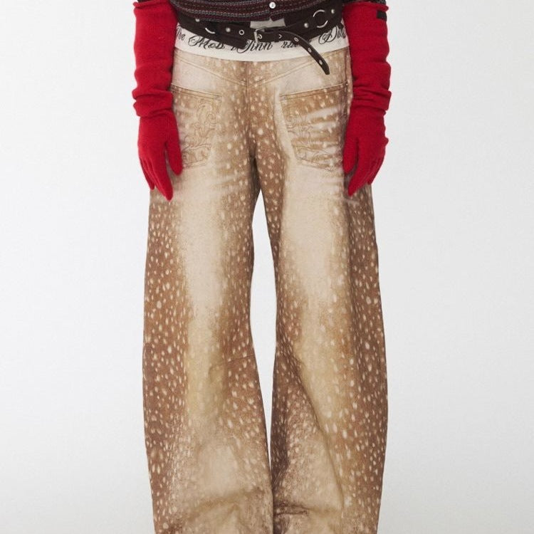 Retro Plus-size Jeans i Denim med Patineret Hjorteprint