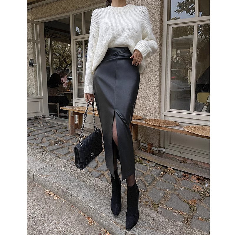 Split Leather Skirt Women's High Waist Adult Lady Like Woman Hip Skirt