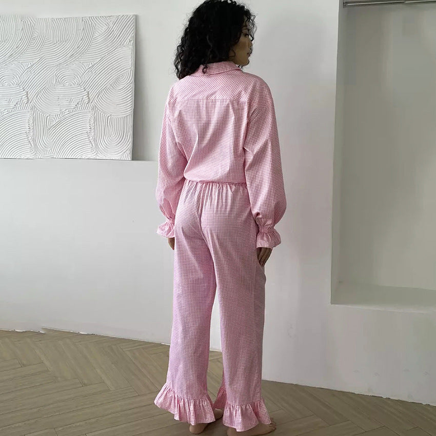 Plaid Ruffled Long-sleeve Cardigan And Tie-front Pants Two-piece Set