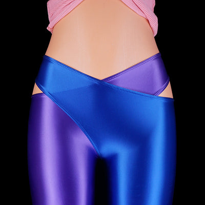Glossy Leggings Patchwork Color Cross Open Crotch Pants