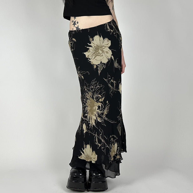 Women's Vintage Tie-dyed Floral Printed Mesh Skirt