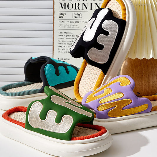 Linen Slippers Women's Men's Face Letter Embroidery