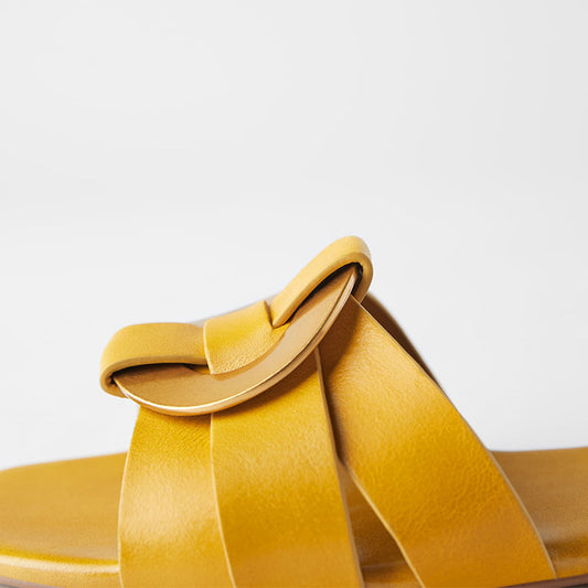 Cow leather sandals and slippers with square toe metal buckle